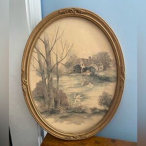 Vintage Homco Oval Watercolor Print F. Massa 13" X 17" Cottage Pond